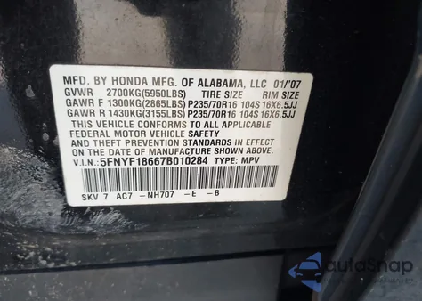 2007 Honda Pilot Ex-L z USA, uszkodzony, nr VIN 5FNYF18667B010284